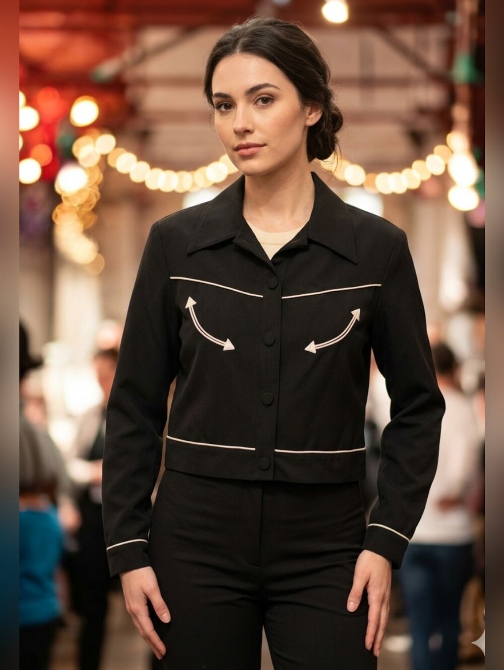 Vintage Black Western-style Cropped Jacket White Piping "Smile Pockets" Arrows